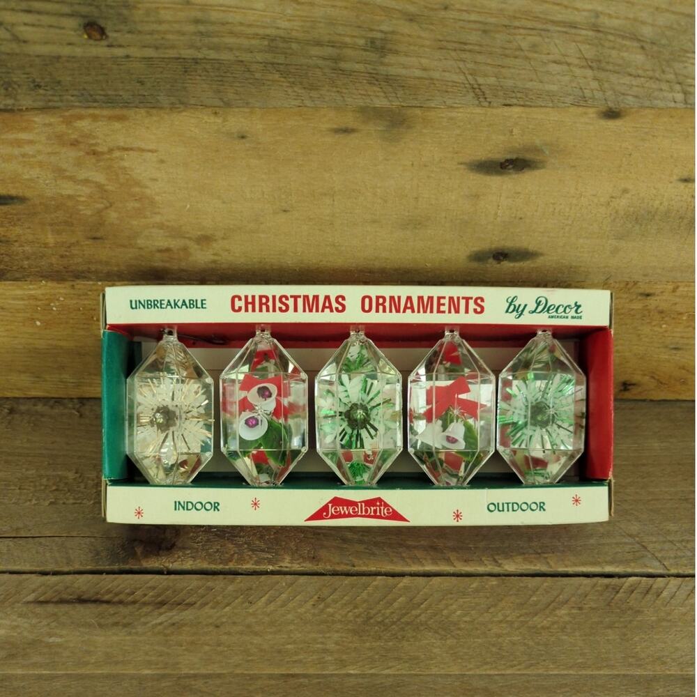Vintage 1950s Set of Five Jewel Brite Christmas Ornaments by Decor Original Box